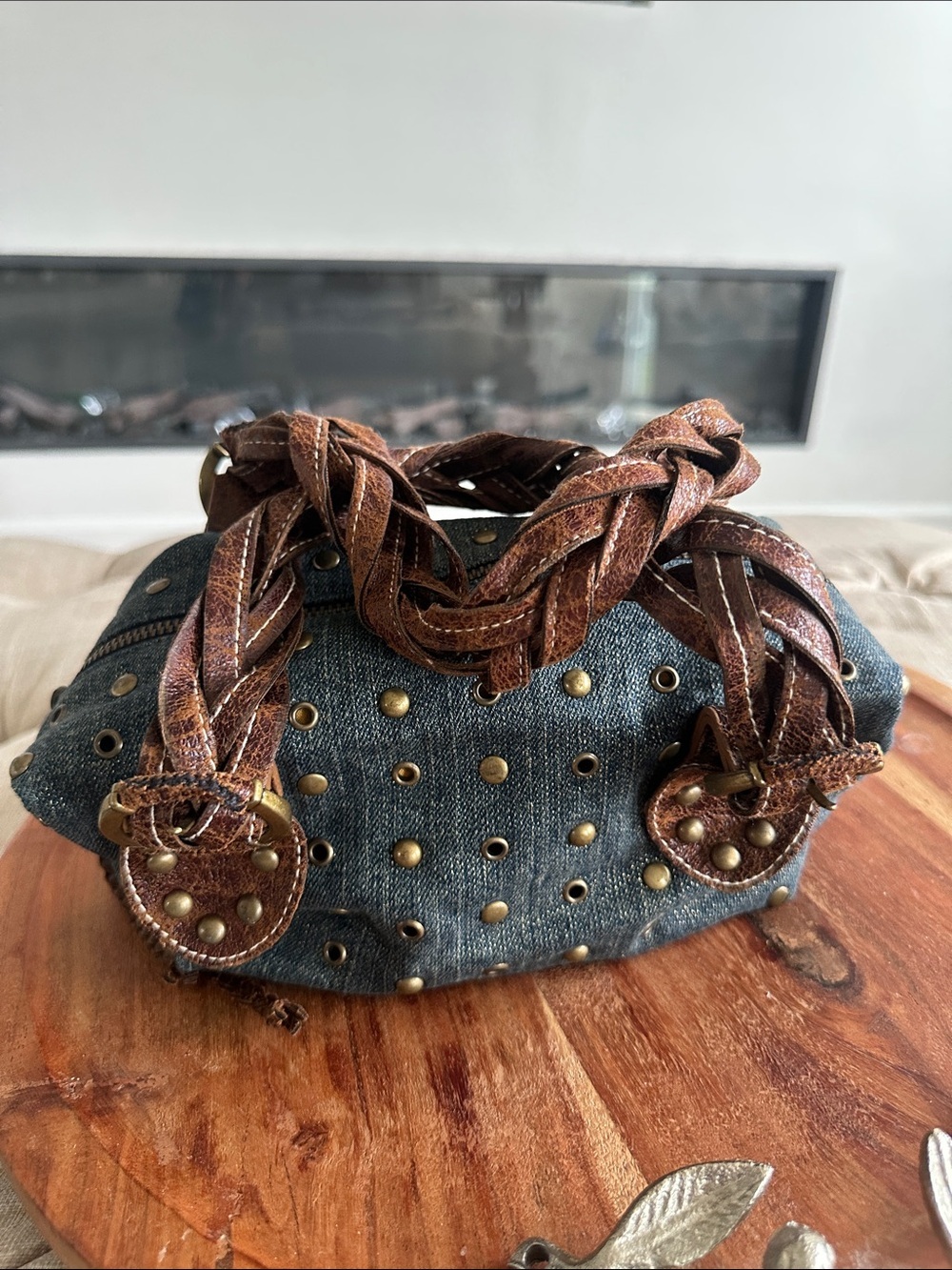 Red by Marcecko Denim Shoulder Bag with Braided Brown Leather Straps